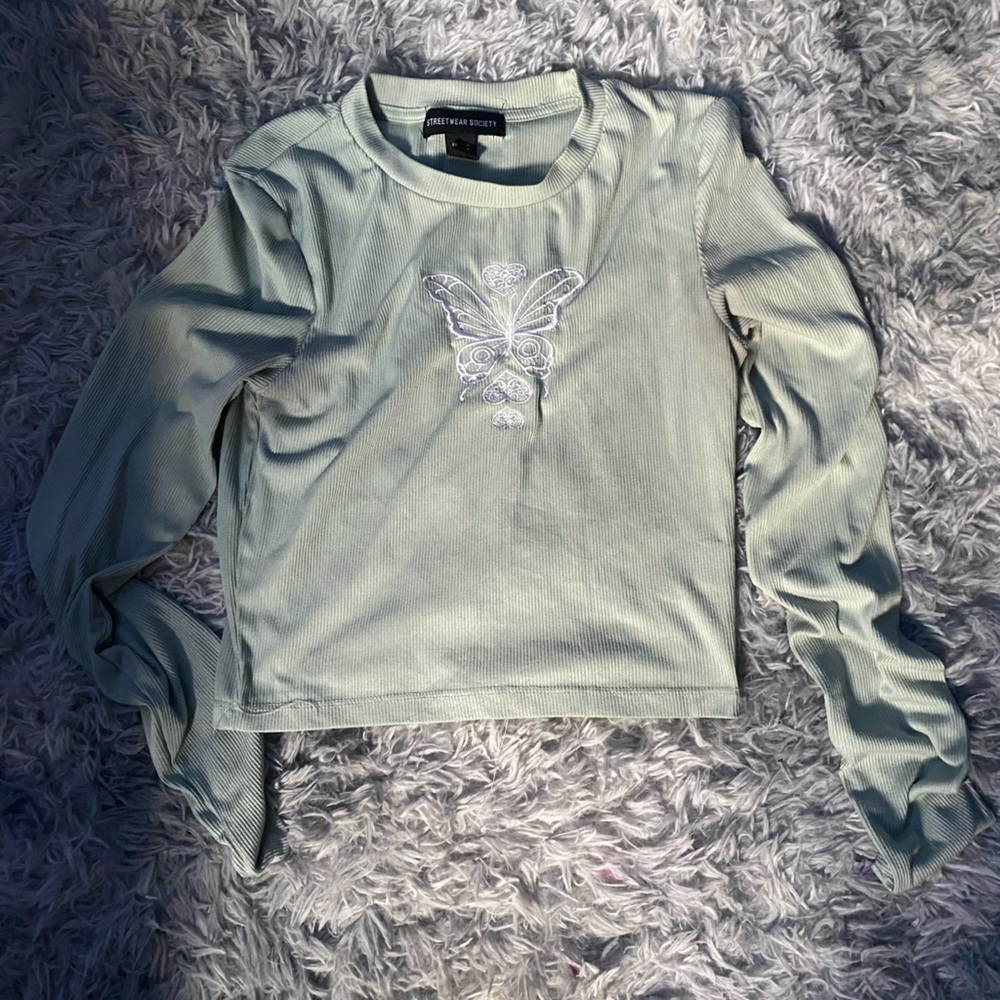Butterfly Sage Green Long Sleeve Crop Top